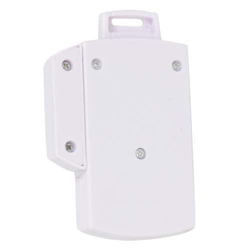 A white plastic device with a handle on it, serving as a Magnetic Door Alarm with Disarm Key.