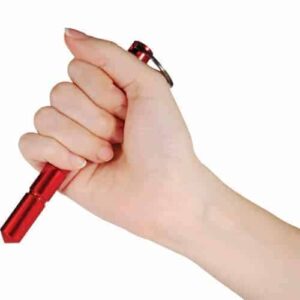 A person's hand holding a red pen with a Keychain.