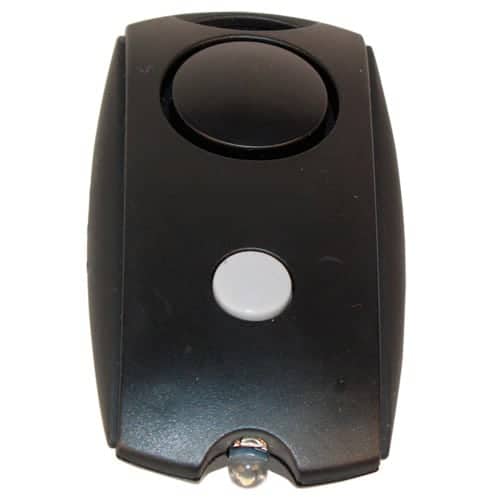 A black Mini Personal Alarm with LED flashlight and Belt Clip on a white background.