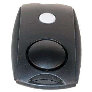 A black button on a white background with a Mini Personal Alarm with LED flashlight and Belt Clip.