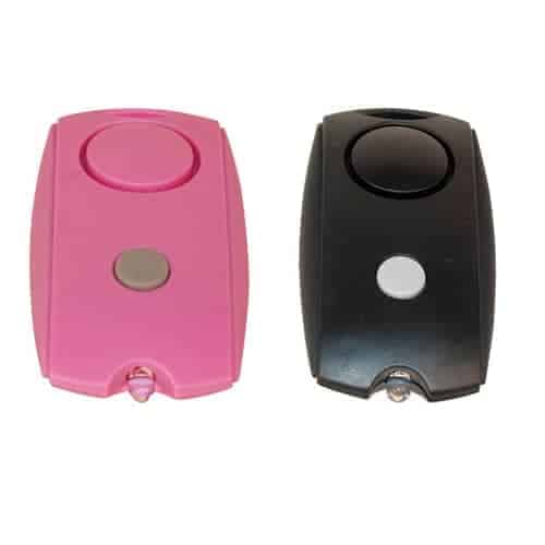 Two Mini Personal Alarms with LED flashlight and Belt Clip on a white background, equipped with a belt clip for easy attachment.