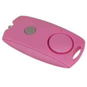 A mini personal alarm with LED flashlight and belt clip with a button on it.