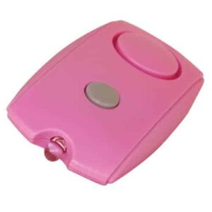 A Mini Personal Alarm with LED flashlight and Belt Clip, featuring a pink plastic case with a button on it, for easy carrying.