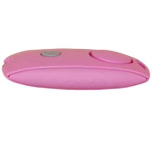 A pink Mini Personal Alarm with LED flashlight and Belt Clip on a white background, with an LED flashlight.