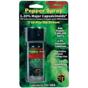 Pepper Shot 1.2% MC 2 oz Pepper Spray in a Pepper Shot package with 1.2% MC.