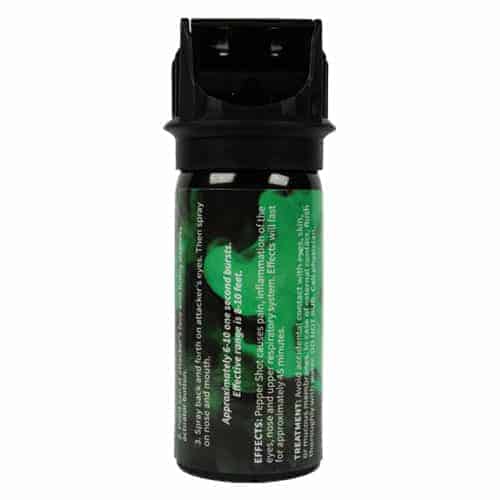 A Pepper Shot 1.2% MC 2 oz Pepper Spray green spray bottle on a white background.