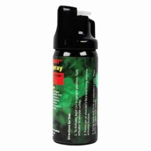 A black Pepper Shot 1.2% MC 2 oz Pepper Spray bottle with green smoke on it, containing a potent 1.2% MC formula.