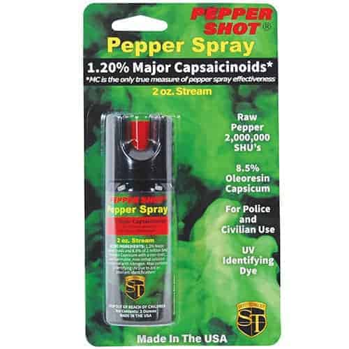 Pepper Shot 1.2% MC 2 oz Pepper Spray contains 2% major capsaicinoids.