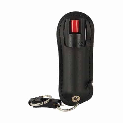 A black leather key ring with a red fire extinguisher, featuring the Pepper Shot 1.2% MC ½ oz Halo Holster for easy carrying of the Pepper Shot 1.2% MC ½ oz canister.