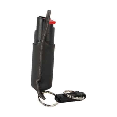 A black key ring with a Pepper Shot 1.2% MC ½ oz Halo Holster fire extinguisher.