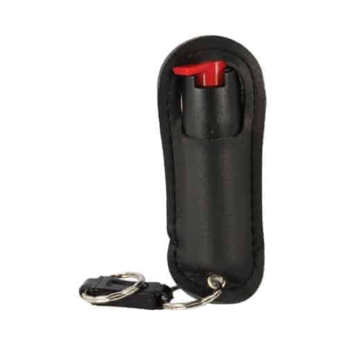 A black key ring with a red fire extinguisher and the Pepper Shot 1.2% MC ½ oz Halo Holster.