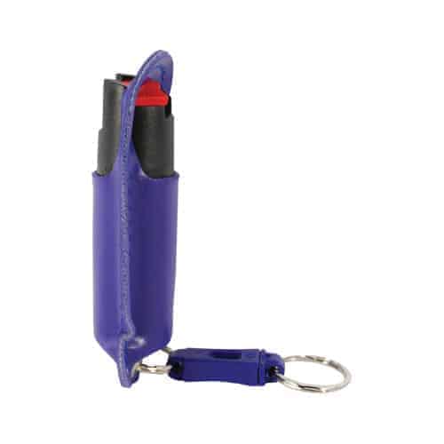 A purple key chain with a Pepper Shot 1.2% MC ½ oz Halo Holster attached.