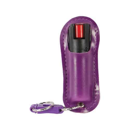 A purple key chain with a key ring attached to it, perfect for securing your Pepper Shot 1.2% MC ½ oz Halo Holster canister.