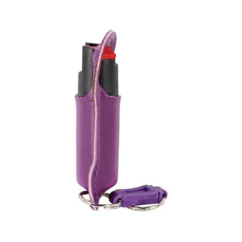 A purple Pepper Shot 1.2% MC ½ oz Halo Holster with a key ring holster.