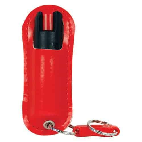 A red Pepper Shot 1.2% MC ½ oz Halo Holster with a Halo Holster attached, great for easy access.