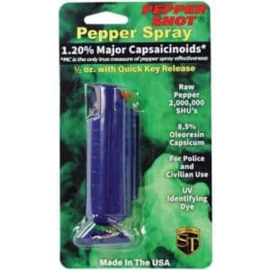 Pepper Shot 1.2% MC 1/2 oz Pepper Spray Hard Case Belt Clip and Quick Release Key Chain Blue A