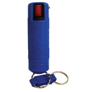 A blue Pepper Shot 1.2% MC 1/2 oz Pepper Spray Hard Case Belt Clip and Quick Release Key Chain with a key ring and a hard case.