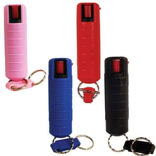 Four Pepper Shot 1.2% MC 1/2 oz Pepper Spray Hard Case Belt Clip and Quick Release Key Chain pepper sprays with a key ring.