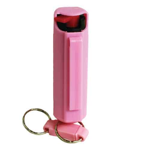 A pink Pepper Shot 1.2% MC 1/2 oz Pepper Spray Hard Case with a belt clip and quick release key chain.