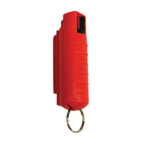 A red Pepper Shot 1.2% MC 1/2 oz Pepper Spray Hard Case Belt Clip and Quick Release Key Chain.