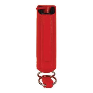 A red Pepper Shot 1.2% MC 1/2 oz Pepper Spray Hard Case Belt Clip and Quick Release Key Chain with a key ring and a hard case.