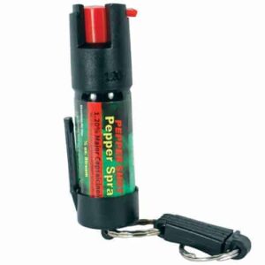 This Pepper Shot 1.2% MC 1/2 oz Pepper Spray Belt Clip and Quick Release Key Chain features a convenient key chain attachment for easy accessibility.