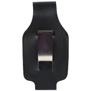 A Leatherette Holster For 2 oz Or 4 oz Pepper Spray with a metal clip.