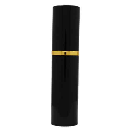 A black Pepper Shot 1.2% MC 1/2 oz Lipstick Pepper Spray with gold trim, suitable for lipstick or pepper sprays, on a white background.