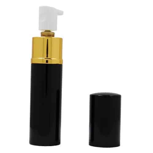 A black and gold Pepper Shot 1.2% MC 1/2 oz Lipstick Pepper Sprays bottle with a gold lid.