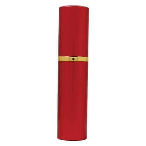 A red bottle of Pepper Shot 1.2% MC 1/2 oz Lipstick Pepper Sprays with gold trim on a white background.
