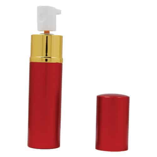 A red plastic bottle with a gold lid, containing Pepper Shot 1.2% MC 1/2 oz Lipstick Pepper Sprays.