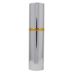 A silver and gold Pepper Shot 1.2% MC 1/2 oz Lipstick Pepper Sprays bottle on a white background.