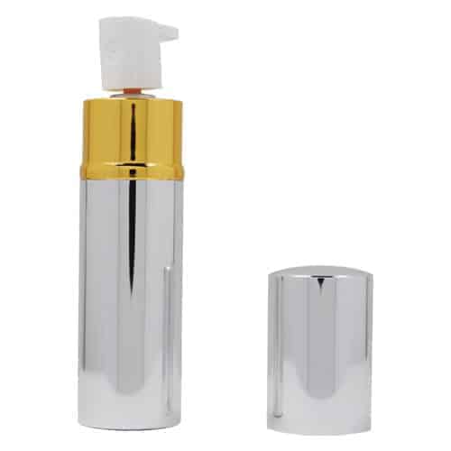 A silver and gold Pepper Shot 1.2% MC 1/2 oz Lipstick Pepper Spray bottle with a gold lid.