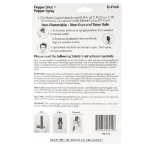 A Pepper Shot 1.2% MC Tri-Pack Pepper Spray package containing instructions for using a pepper spray with a 1.2% MC.