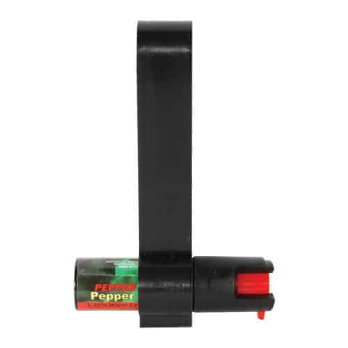An Pepper Shot 1.2% MC 1/2 oz w/Auto Visor Clip branded black and red pepper sprayer, perfect for clipping onto auto visors, set against a clean white background.