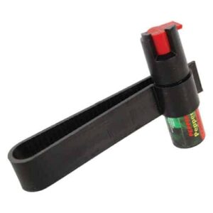 A black plastic Pepper Shot 1.2% MC 1/2 oz w/Auto Visor Clip with a red handle for easy accessibility.