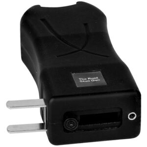 A black Runt power adapter with a plug attached to it, also serving as a rechargeable stun gun and flashlight.