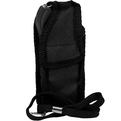 A black pouch with a strap attached to it, perfect for carrying your Runt Rechargeable Stun Gun With Flashlight And Wrist Strap Disable Pin.