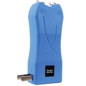 A blue device with a plug attached to it that doubles as a rechargeable stun gun.