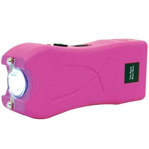 A Runt Rechargeable Stun Gun With Flashlight And Wrist Strap Disable Pin on a white background.