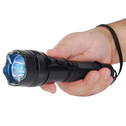 A blue light emitting Safety Technology Shorty Flashlight Stun Gun 75,000,000 volts.