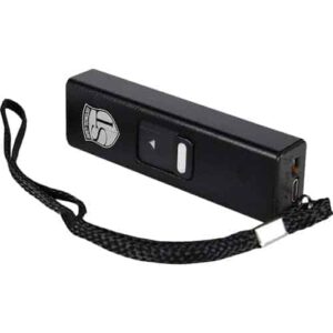 A black Slider Stun Gun LED Flashlight USB Recharger with a lanyard attached to it. The Slider Stun Gun LED Flashlight USB Recharger also features an LED flashlight.