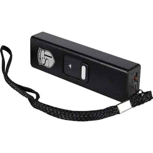 A black Slider Stun Gun LED Flashlight USB Recharger with a lanyard attached to it. The Slider Stun Gun LED Flashlight USB Recharger also features an LED flashlight.