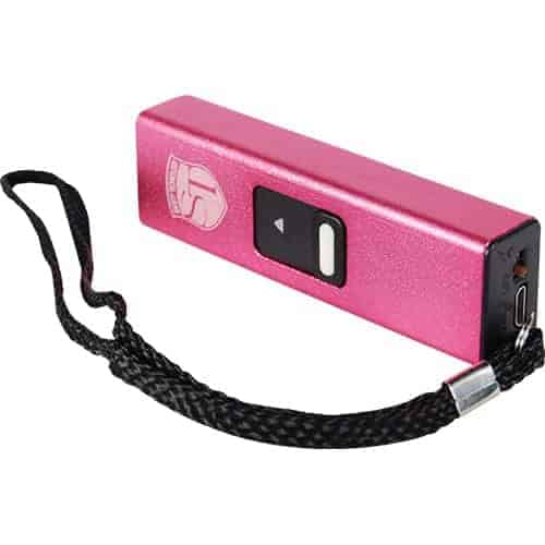 A pink Slider Stun Gun LED Flashlight USB Recharger with a strap attached to it, ideal for recharging USB devices.