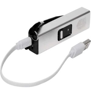 A Slider Stun Gun LED Flashlight USB Recharger with an attached cable.