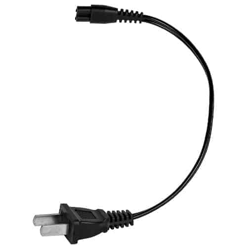 A black cord with a plug on it, perfect for connecting to a 110,000,000 volt Bad Ass Metal Stun Baton and Flashlight.