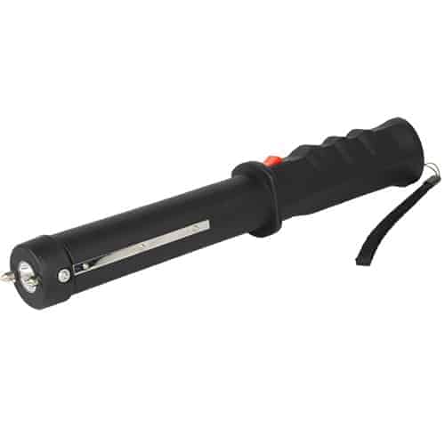 A Safety Technology Repeller Stun Baton Black with a handle on a white background.