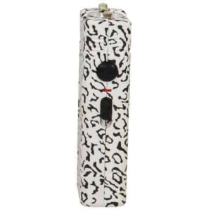 A white and black box with a leopard print on it, containing a Lil Guy Stun Gun With Flashlight.