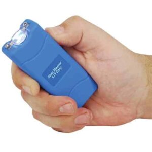 A hand holding a blue flashlight.