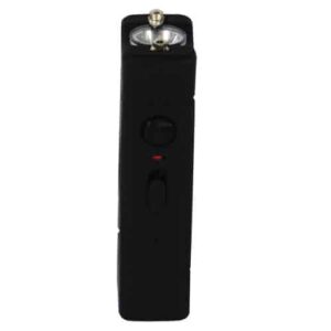 A black electronic cigarette, also known as the "Lil Guy Stun Gun With Flashlight," featuring a button on it.